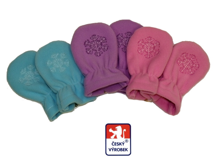 Dětské rukavičky, Dětský svět, fleece, oranžové s výšivkou vločky velikost 1