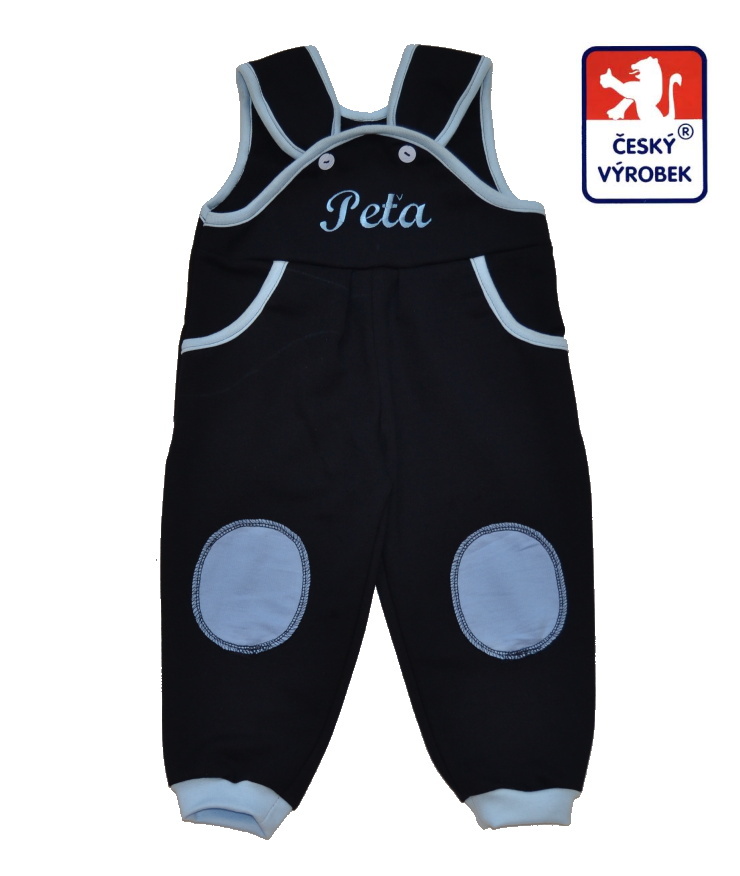 Dětské tepláčky s laclem a záplatami Dětský svět tmavě modré s medvídkem ve vestě vel.86