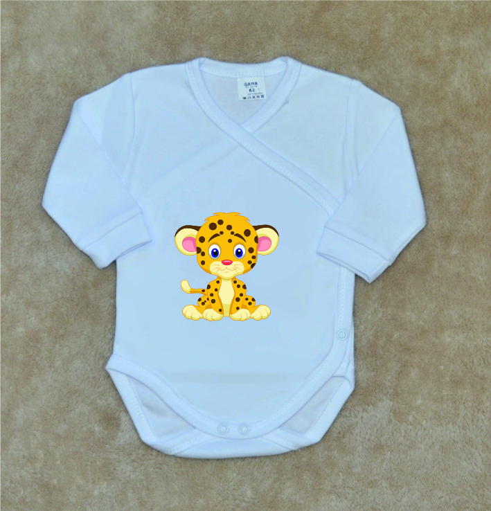 Dětské bílé zavinovací body Gama sedící gepard vel.62
