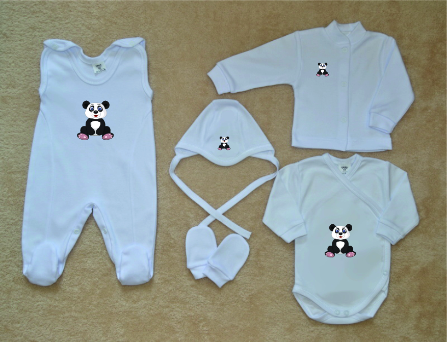 Bílá kojenecká soupravička Gama 5-dílná DELUXE, panda vel.50