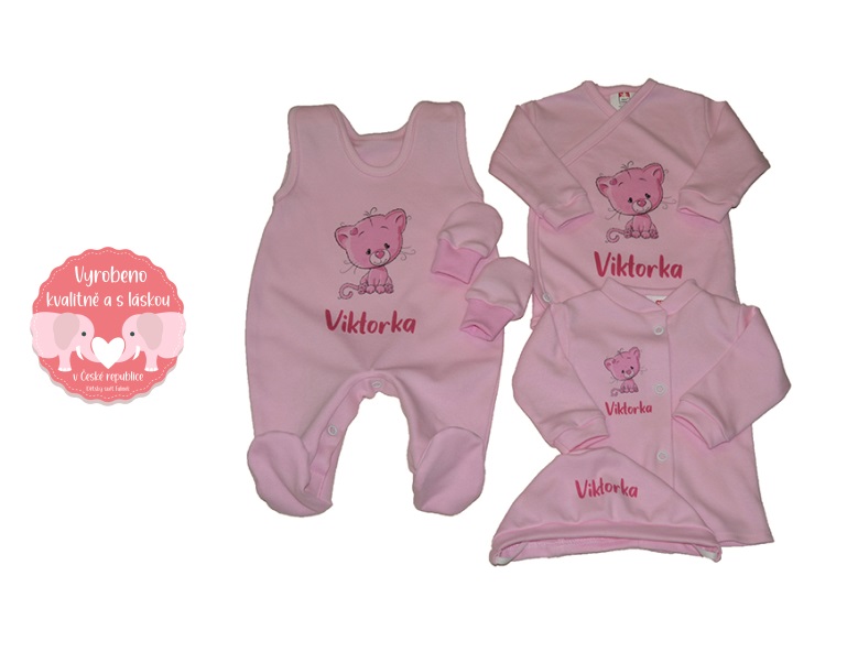 Růžová kojenecká soupravička, Dětský svět, 5-dílná DELUXE, kočička se jménem vel.50