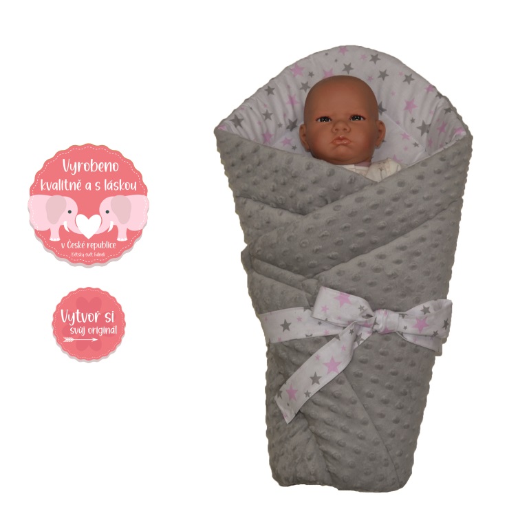 Dětská zavinovačka Dětský svět Minky šedá+ plátno s šedorůžovými hvězdičkami, pásek