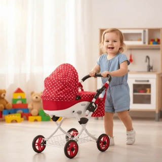 Kočárek pro panenky Adbor Lily Červená vzor tečky
