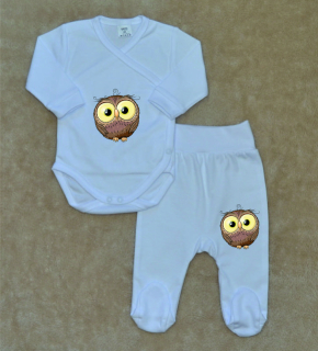 Bílá kojenecká soupravička Gama 2-dílná hnědá Sova zavinovací body+polodupačky