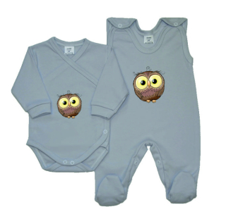 Kojenecká soupravička Gama šedá 2-dílná zavinovací body+dupačky hnědá sova
