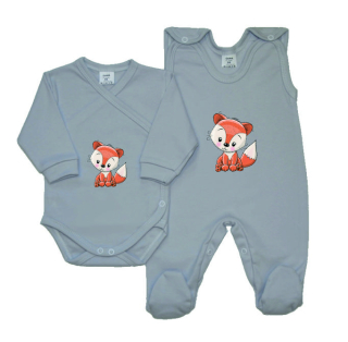 Šedá soupravička pro miminko Gama 2-dílná zavinovací body+dupačky liška