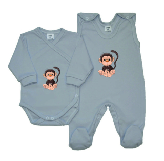 Kojenecká soupravička pro miminko Gama šedá 2-dílná zavinovací body+dupačky udivená opička