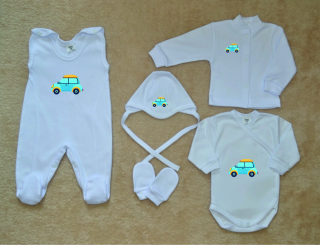 Bílá kojenecká soupravička Gama 5-dílná DELUXE, autíčko