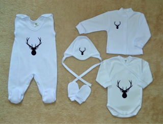 Bílá kojenecká soupravička Gama 5-dílná DELUXE, myslivec