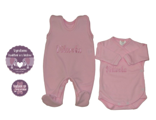 Kojenecká soupravička Dětský svět růžová, 2-dílná zavinovací body+dupačky s vyšitým jménem